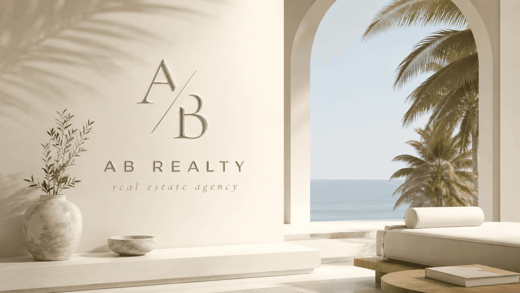 AB Realty branding at a whitewashed Goa coastal residence